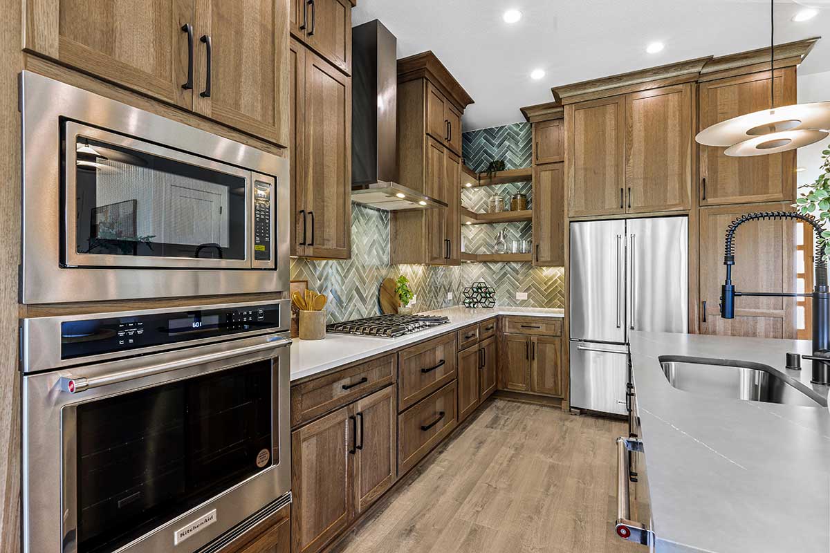 Photo of a luxury kitchen with geometric tile designs