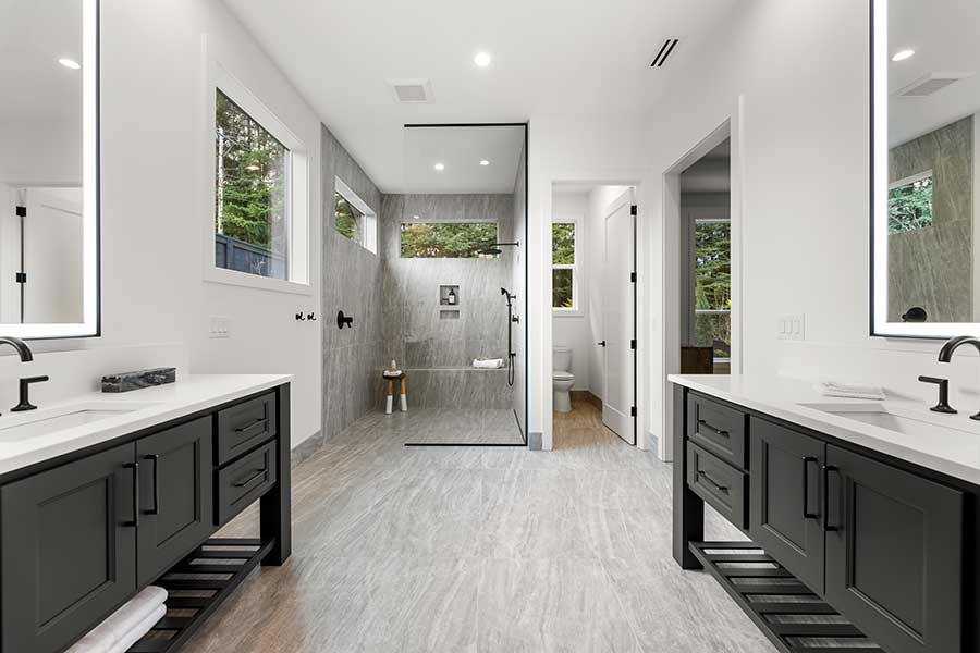 Primary Suite bathroom of modern custom home by Kingston Homes