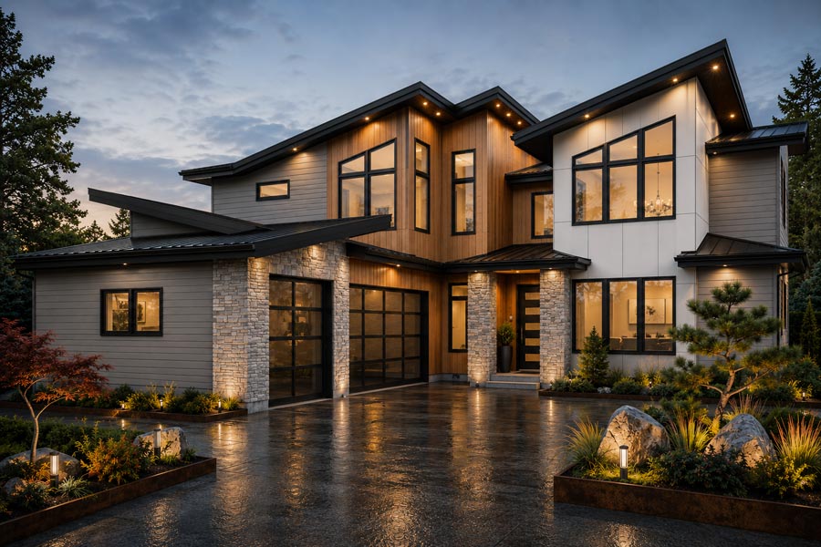 Two-story modern custom home at dusk with stone columns, cedar and light siding, glass garage doors, and landscaped front beds