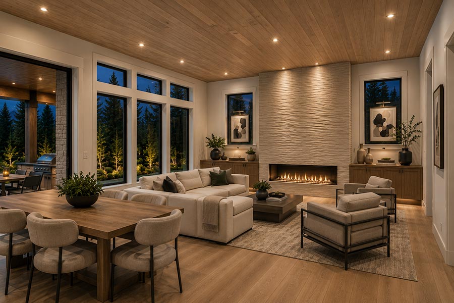 Open great room with linear fireplace, textured stone surround, wood plank ceiling, and dining area near the covered patio