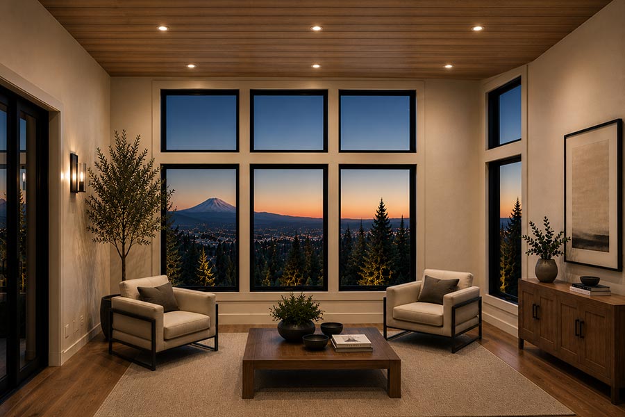 Sitting room with wall of windows framing mountain and valley views at sunset