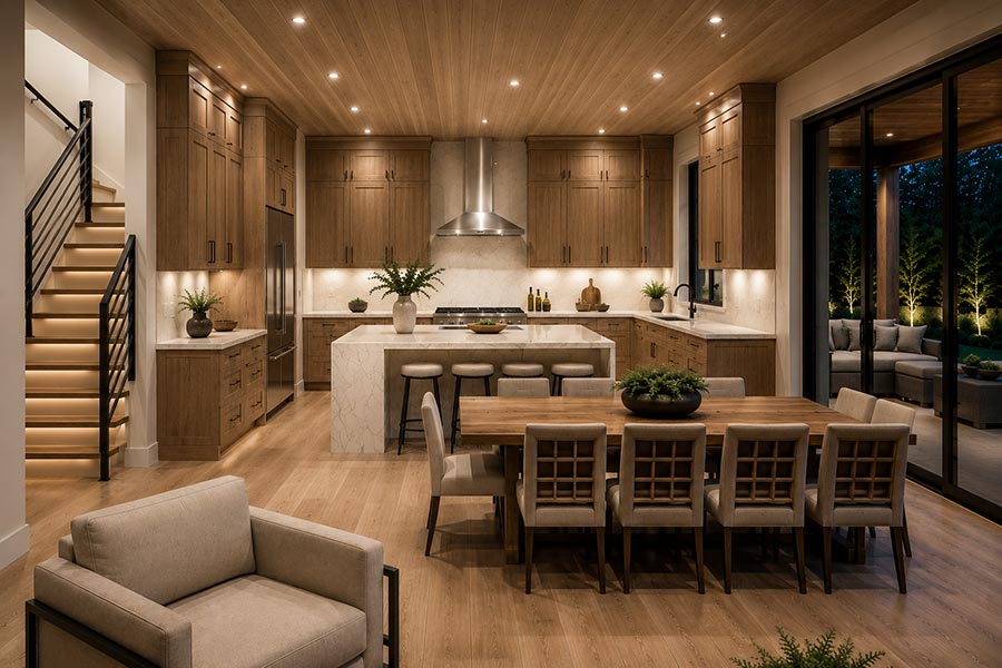 Open kitchen with wood cabinetry, marble island, and dining table, beside a lit staircase and patio doors