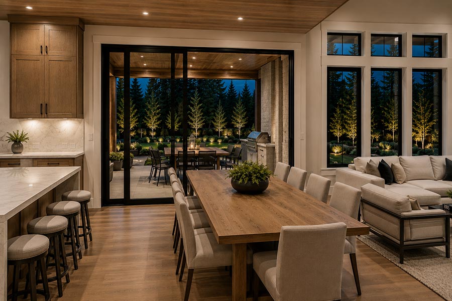 Dining area with long wood table and sliding glass doors to a lit covered patio with outdoor kitchen
