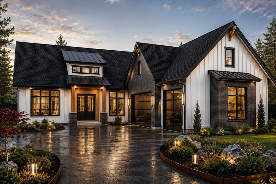 Modern farmhouse at dusk with white board-and-batten siding, dark brick, cedar entry, and glass garage doors