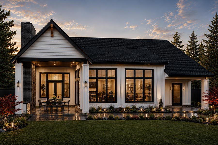 Rear of a modern farmhouse with covered patio, brick chimney, large black-framed windows, and landscaped lawn
