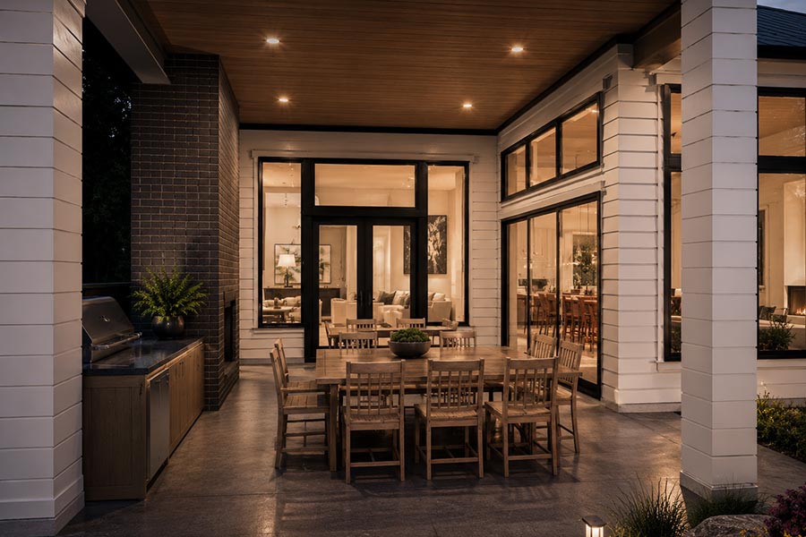 Covered patio with outdoor kitchen, brick fireplace, and dining table beside glass doors to the great room