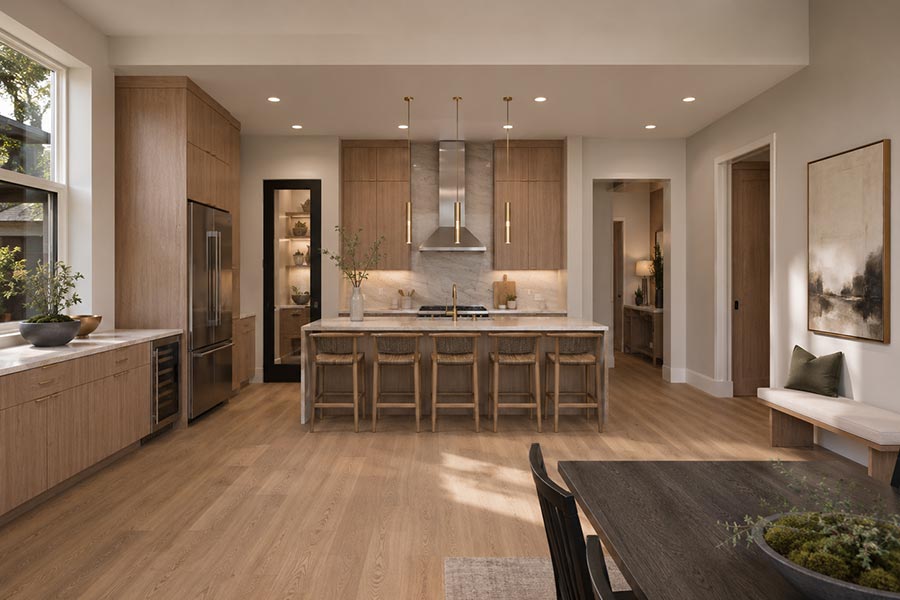 Kitchen with wood cabinetry, marble island, brass pendants, and glass-front pantry door