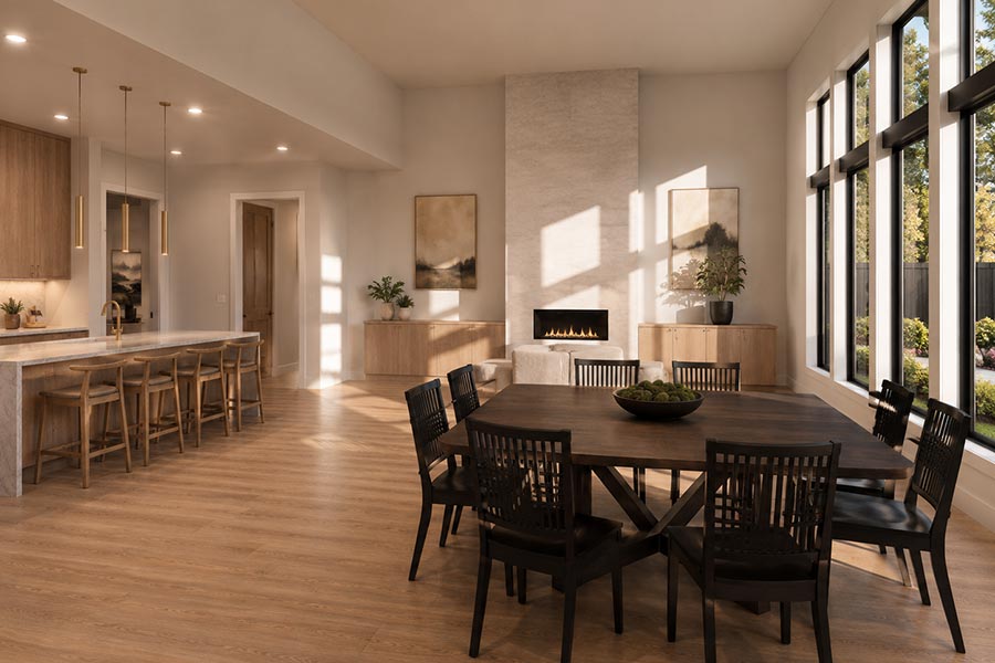 Great room with tall windows, stone-clad fireplace, dining table, and kitchen island with bar seating