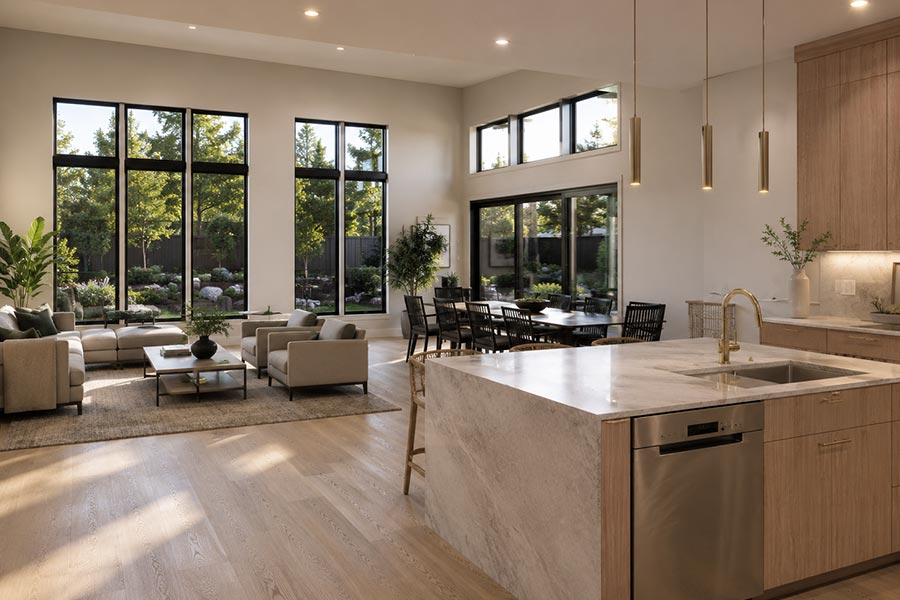 Open kitchen and living area with waterfall island, brass faucet, and window walls overlooking the backyard