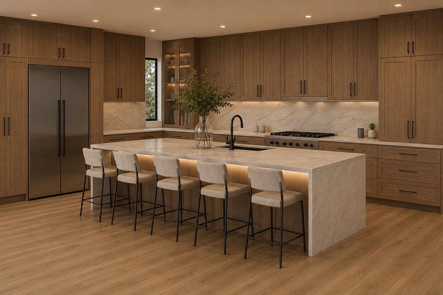 Interior rendering of kitchen and breakfast bar of 533 NW Halifax St, Camas, WA 98607 | Move-in ready home in McIntosh Pointe Community in Camas, Washington.