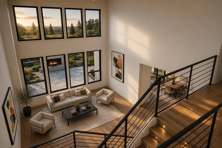 Interior rendering looking down into living room from upper bonus room inside 533 NW Halifax St, Camas, WA 98607 | Move-in ready home in McIntosh Pointe Community in Camas, Washington.